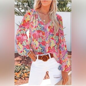 Floral V-Neck Blouse - Pink, Red, Yellow